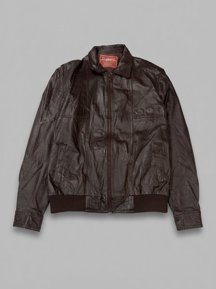Burgundy leather harrington jacket, size M, shown flat from the front. Band collar.