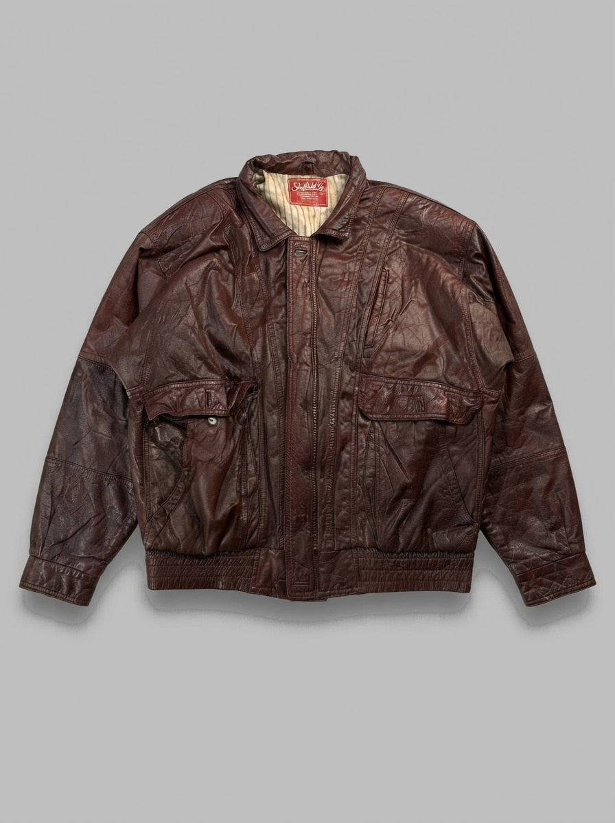 Burgundy leather harrington jacket, size XXL, shown flat from the front. Buttoned chest flap.