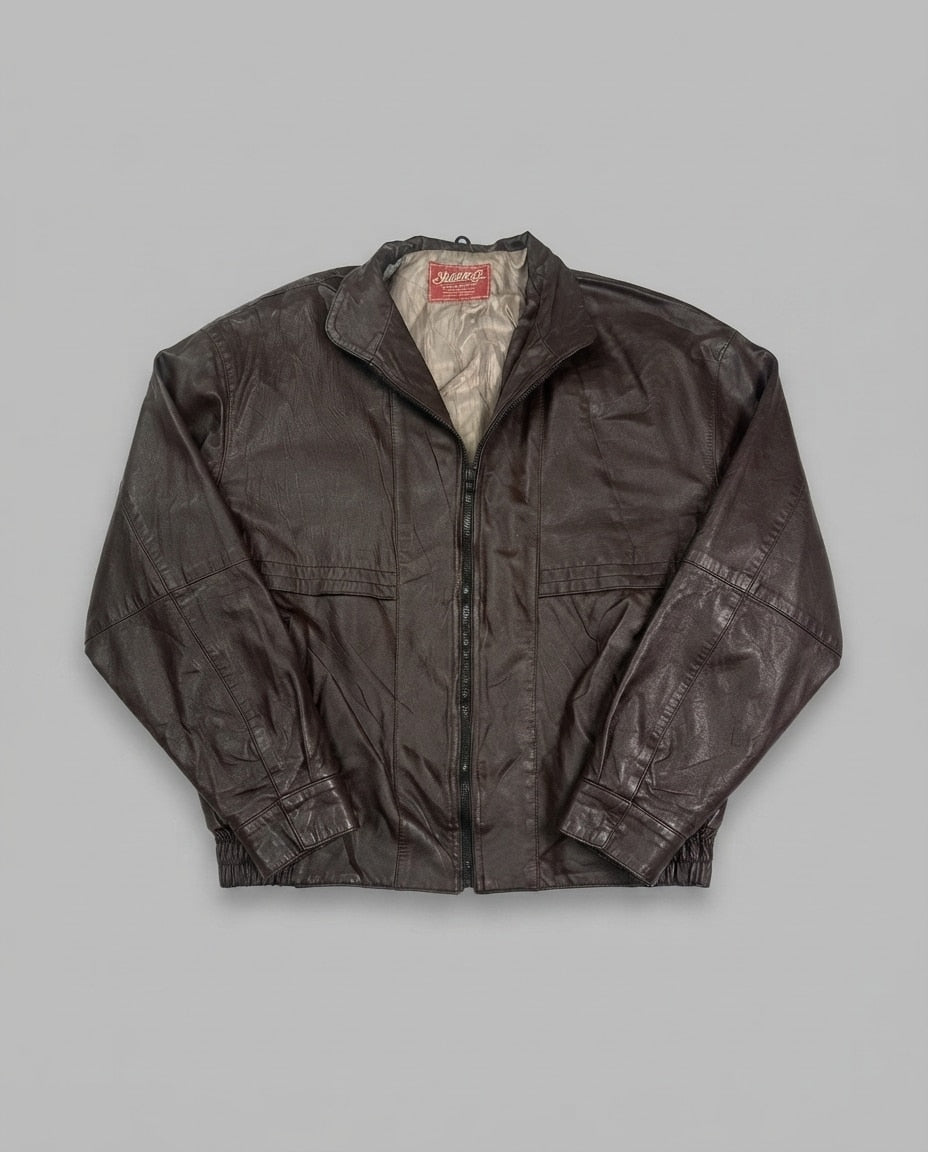 Burgundy leather harrington jacket, size XL, shown flat from the front. Champagne lining.
