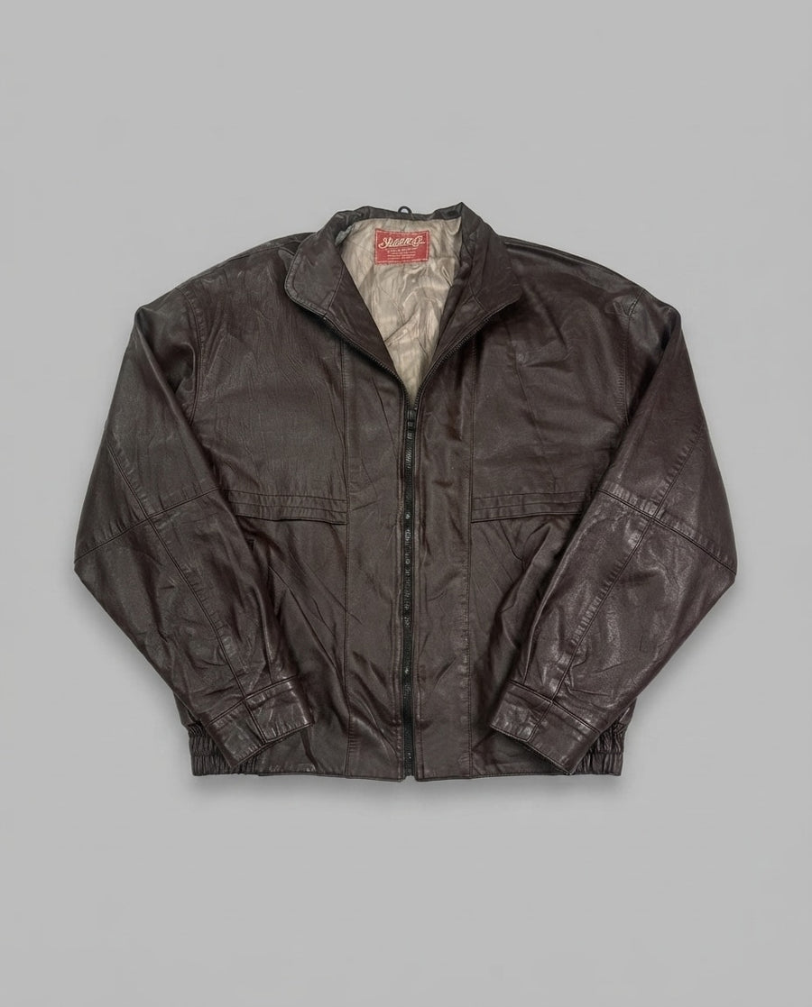 Burgundy leather harrington jacket, size XL, shown flat from the front. Champagne lining.