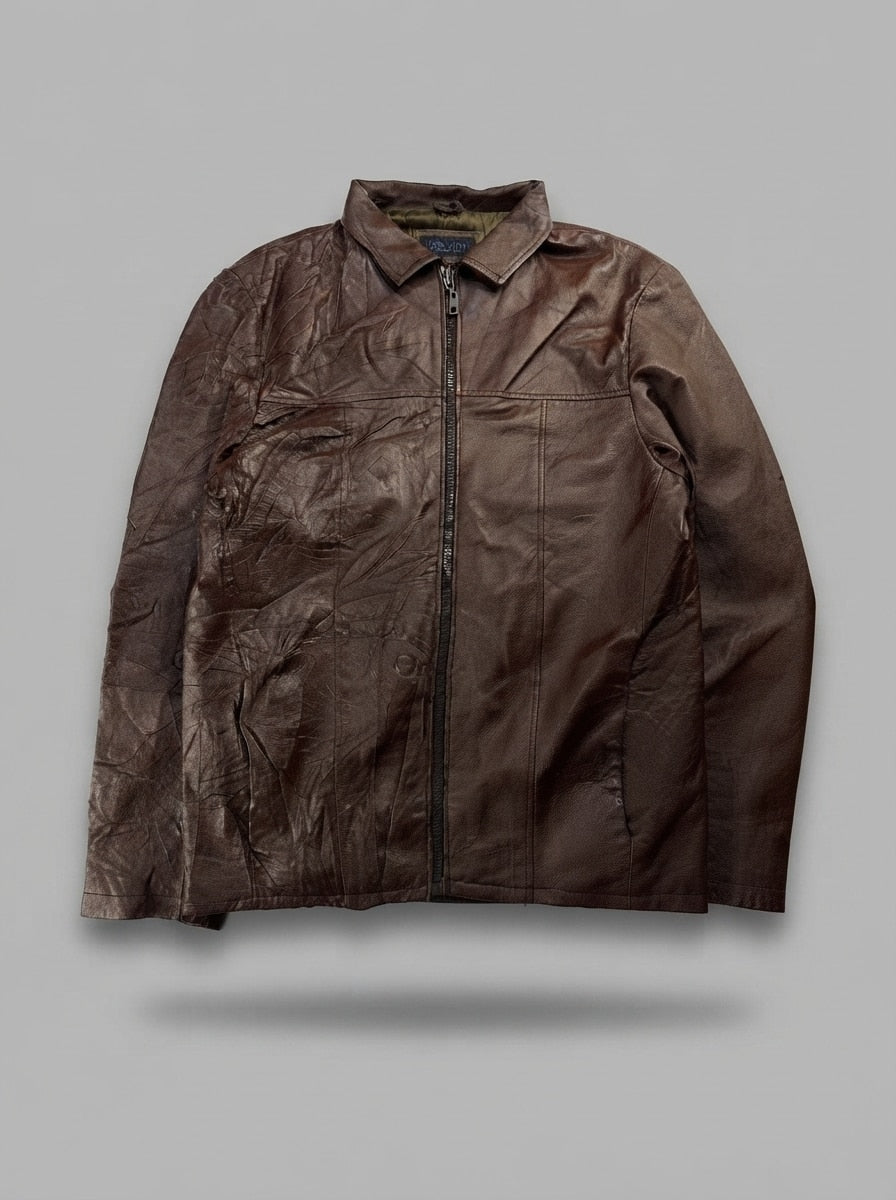 Burgundy leather harrington jacket, size L, shown flat from the front. Chest yoke seam.