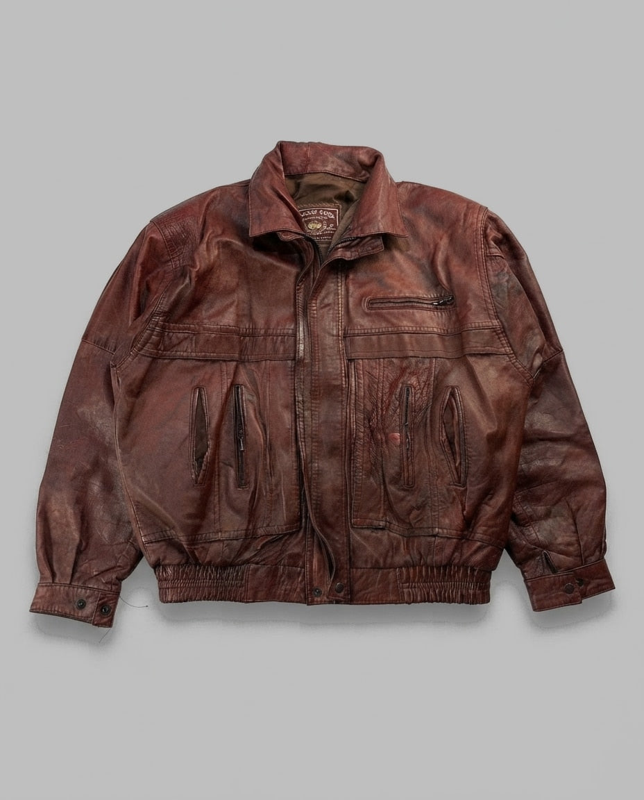 Burgundy leather harrington jacket, size XXL, shown flat from the front. Chevron back yoke.