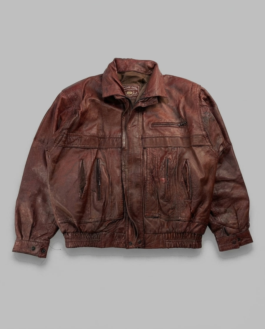 Burgundy leather harrington jacket, size XXL, shown flat from the front. Chevron back yoke.