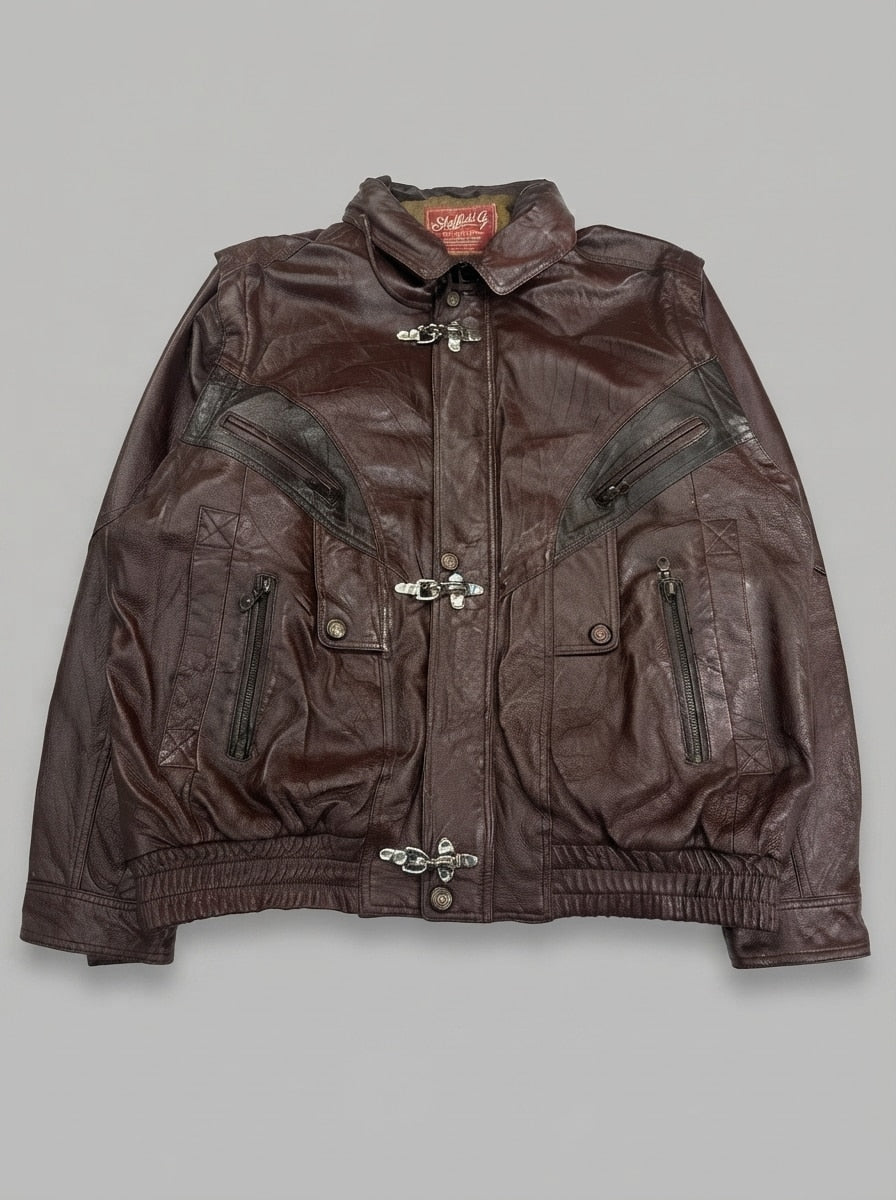 Burgundy leather harrington jacket, size XXL, shown flat from the front. Chrome clasp front.