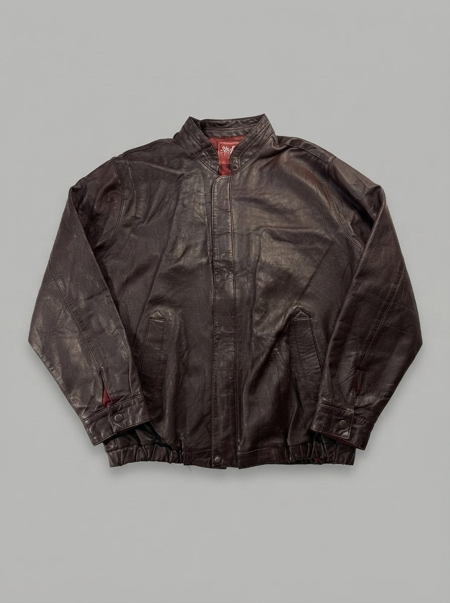 Burgundy leather harrington jacket, size XL, shown flat from the front. Concealed zip placket.
