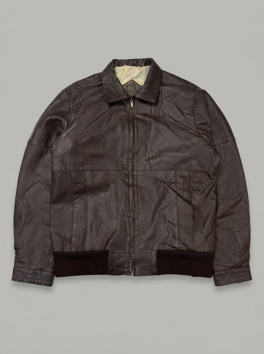 Burgundy leather harrington jacket, size L, shown flat from the front. Cream lining.