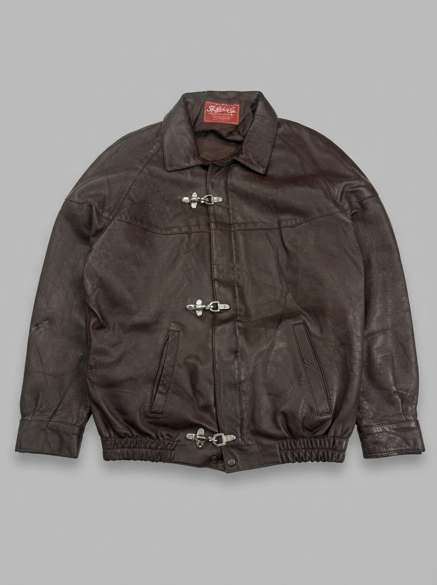 Burgundy leather harrington jacket, size L, shown flat from the front. Fireman clasp.