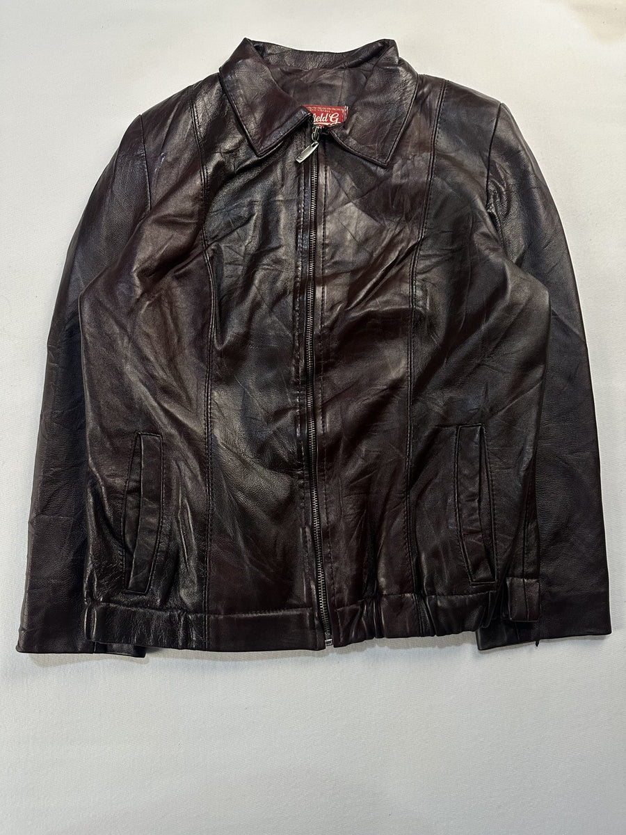Burgundy leather harrington jacket in size M laid flat from the front