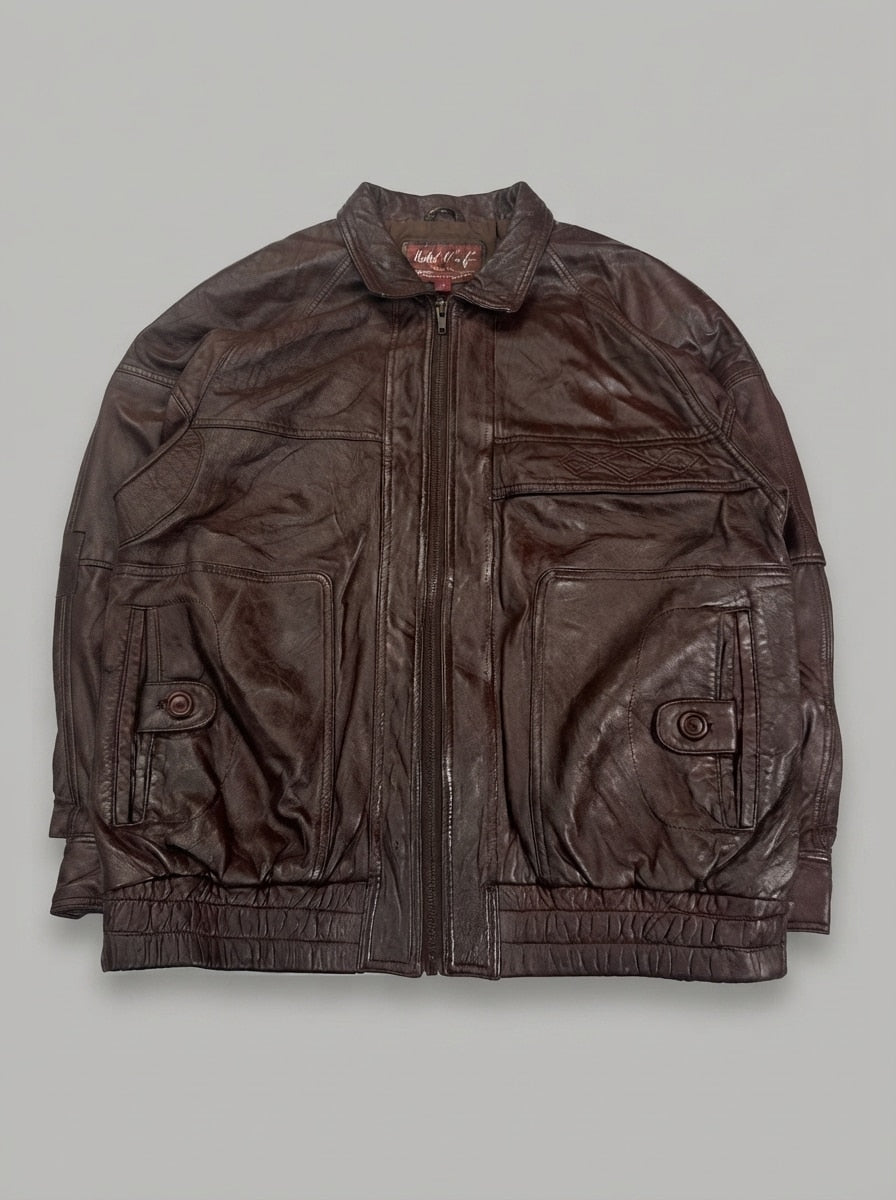 Burgundy leather harrington jacket, size L, shown flat from the front. Raglan sleeve.