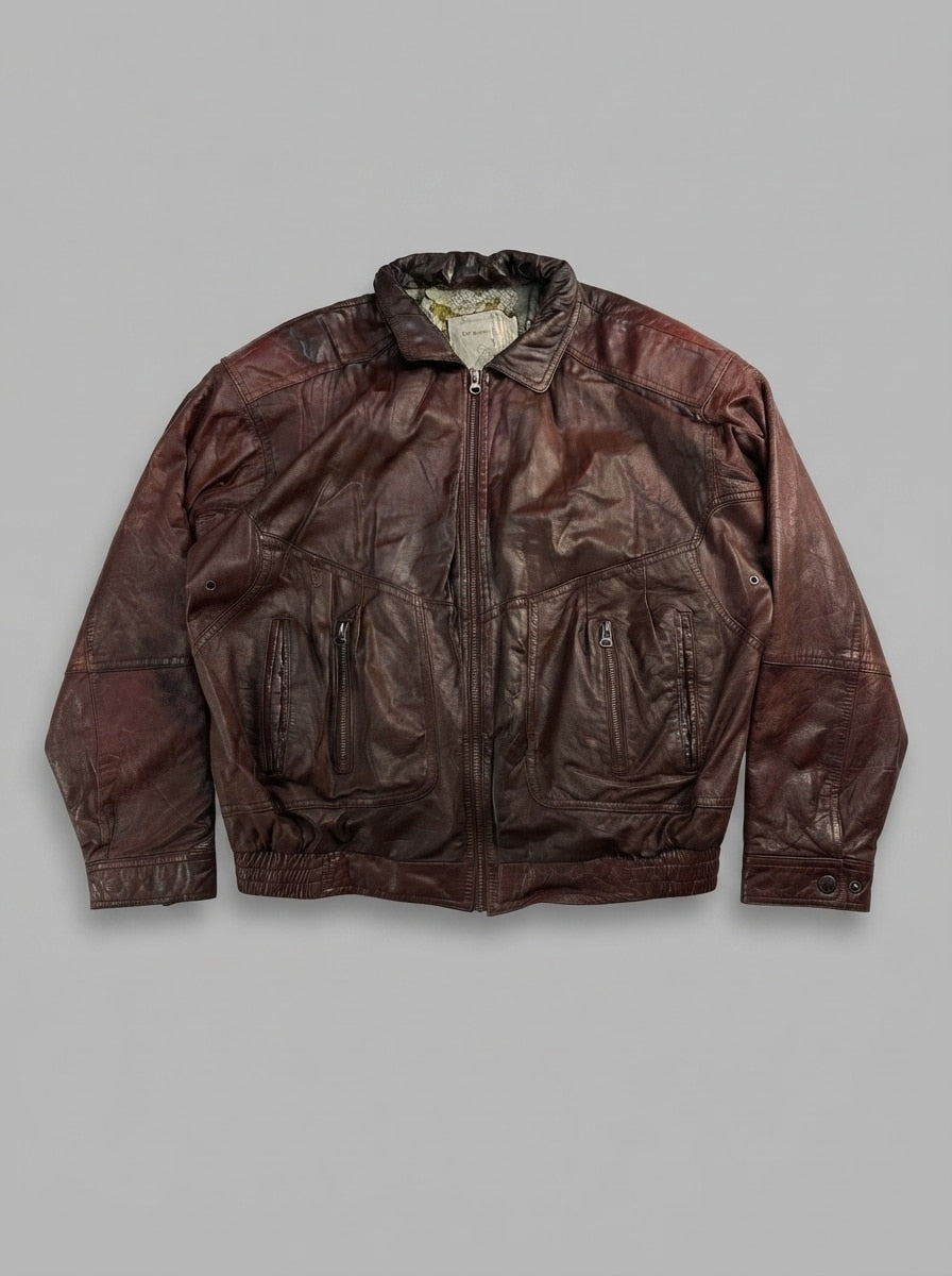 Burgundy leather harrington jacket, size XXL, shown flat from the front. Ruched collar.