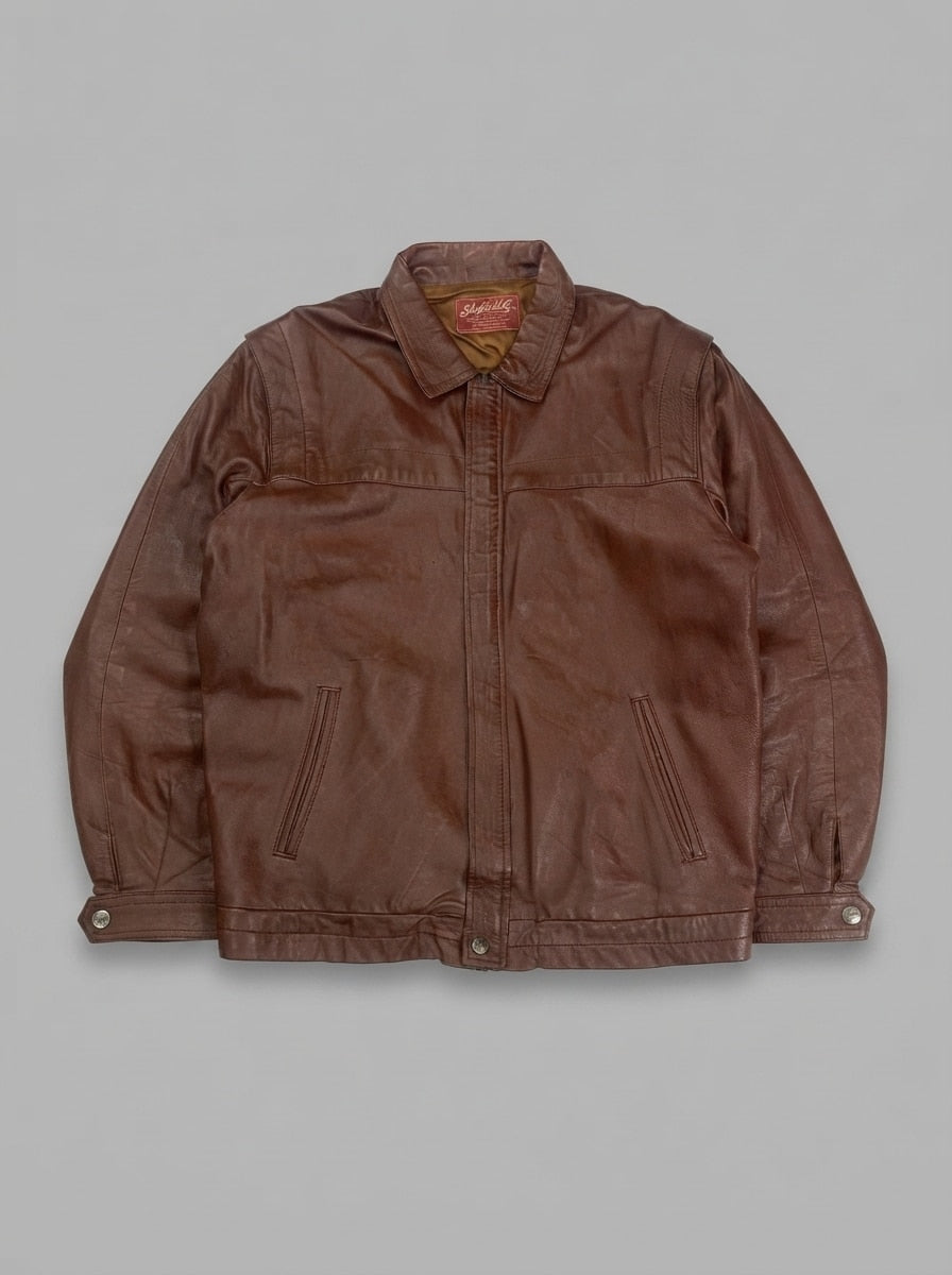 Burgundy leather harrington jacket, size XL, shown flat from the front. Snap hem tab.