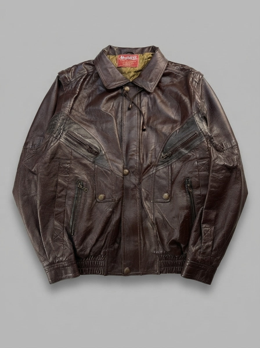 Burgundy leather harrington jacket, size L, shown flat from the front. Throat drawcord.