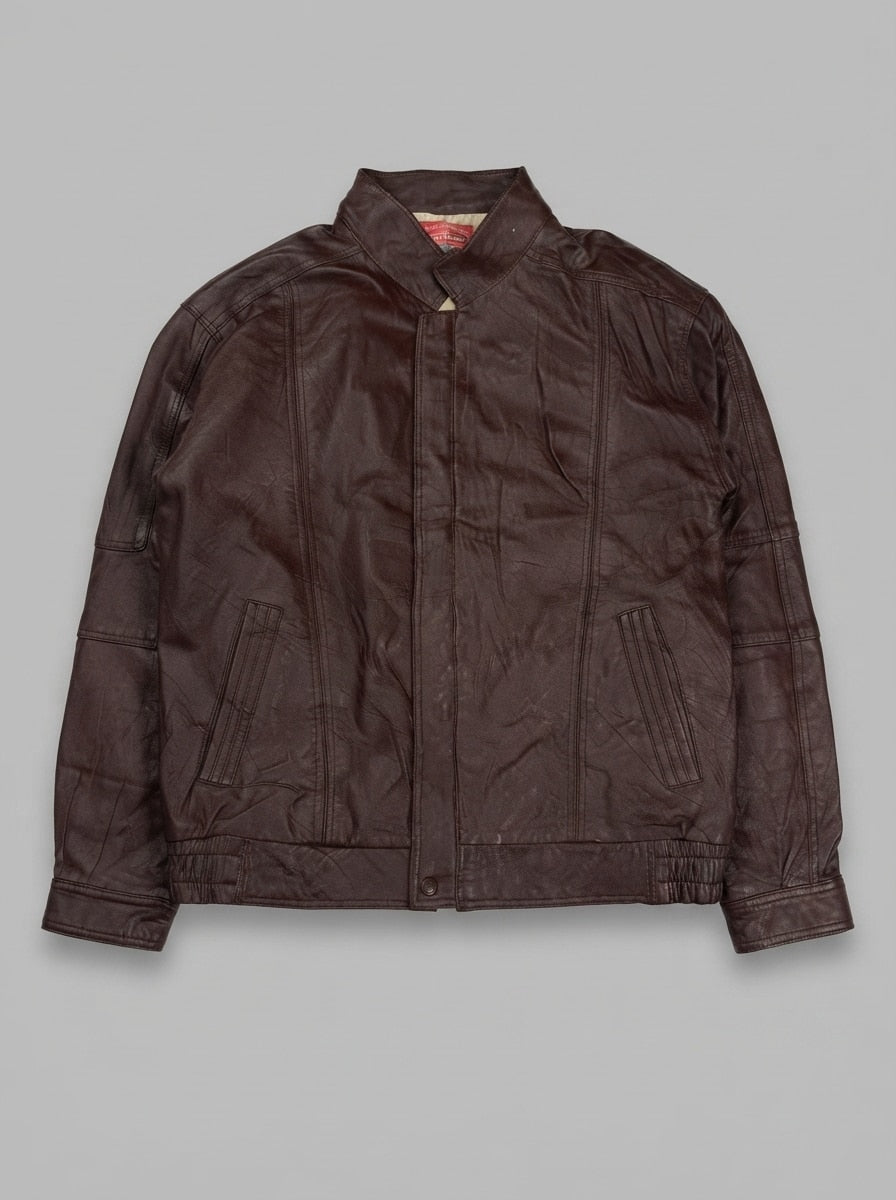 Burgundy leather harrington jacket, size L, shown flat from the front. Ticking lining.