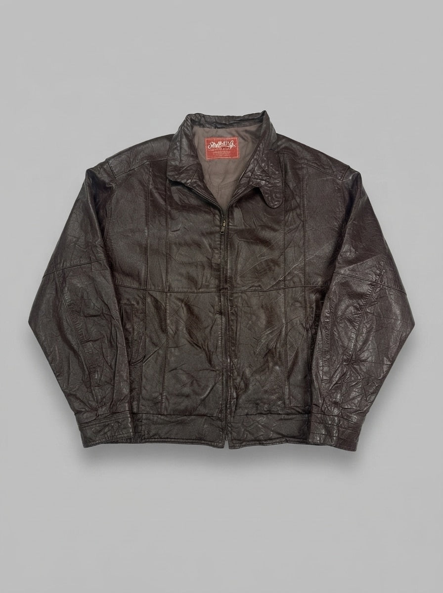 Burgundy leather harrington jacket, size XL, shown flat from the front. Vertical welt pocket.