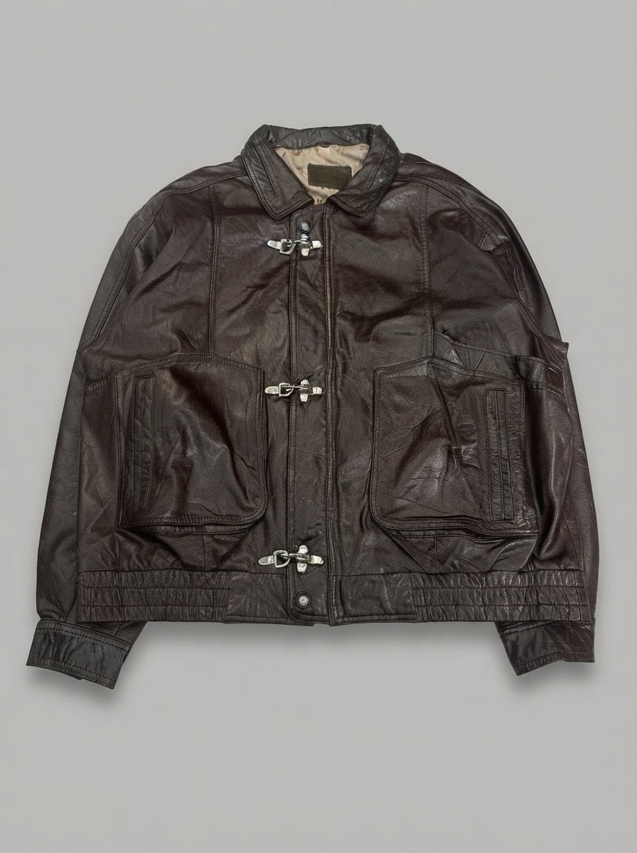 Burgundy leather harrington jacket, size XXL, shown flat from the front. Zip welt pocket.