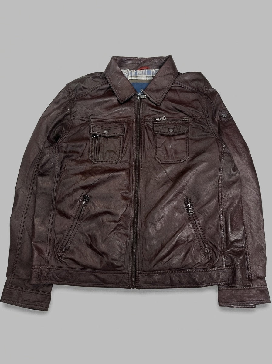 Burgundy leather trucker jacket, size XL, shown flat from the front. Blue check lining.