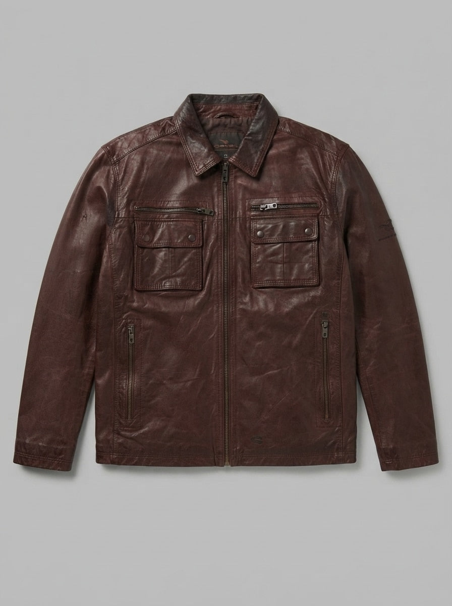 Burgundy leather trucker jacket, size XXL, shown flat from the front. Four flap pocket.