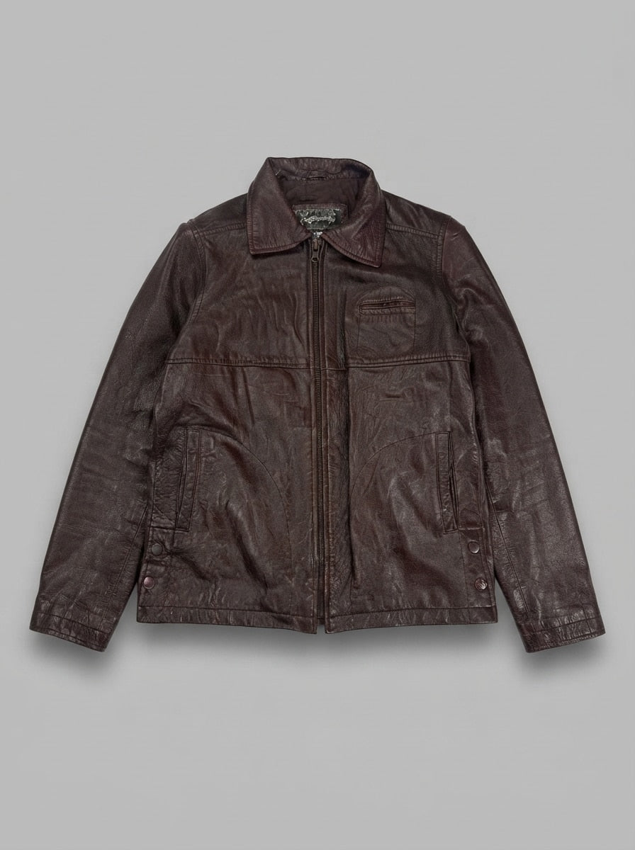 Burgundy leather vintage jacket, size S, shown flat from the front. Compact fit.