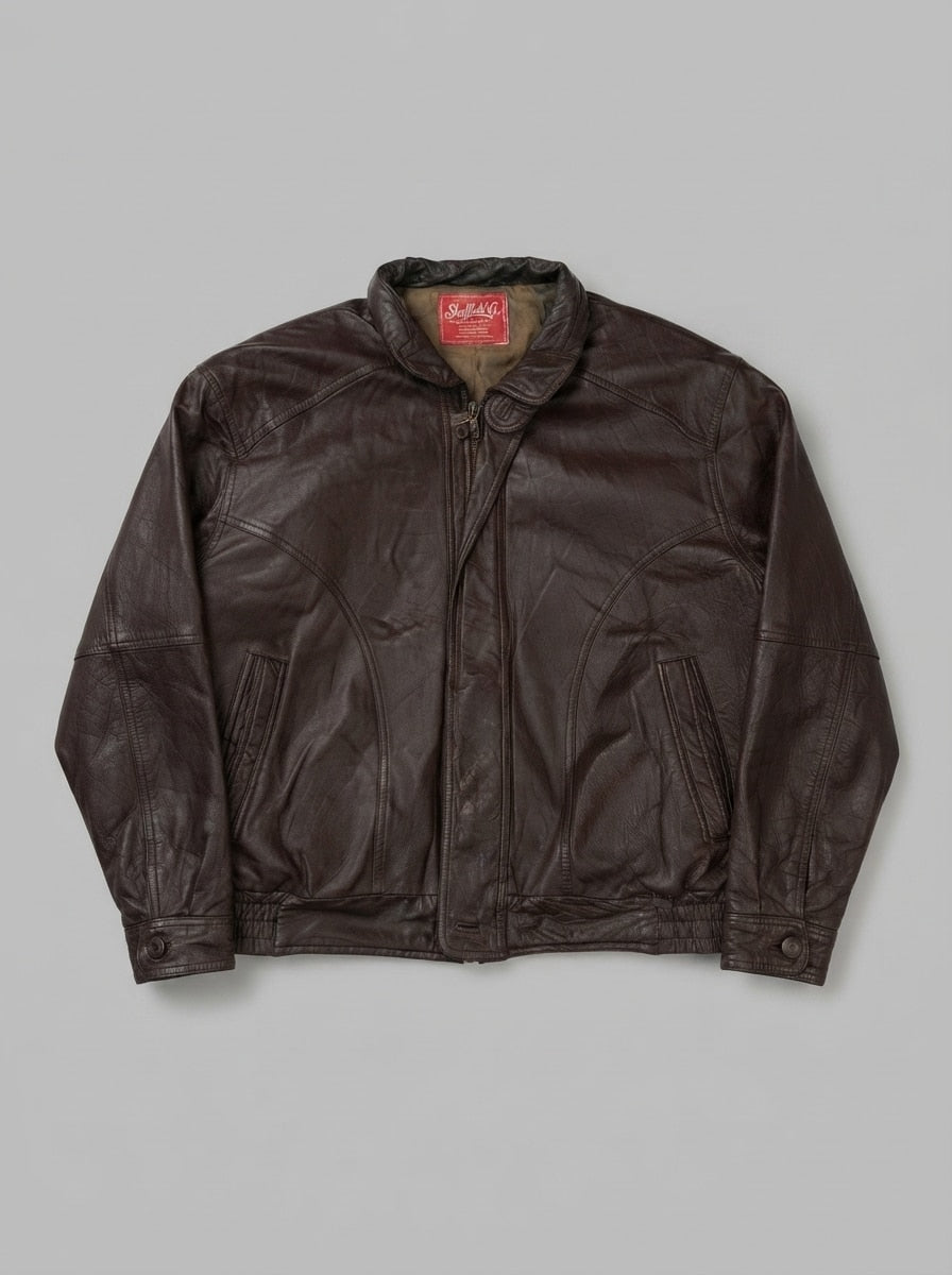 Burgundy leather vintage jacket, size XXL, shown flat from the front. Olive lining.
