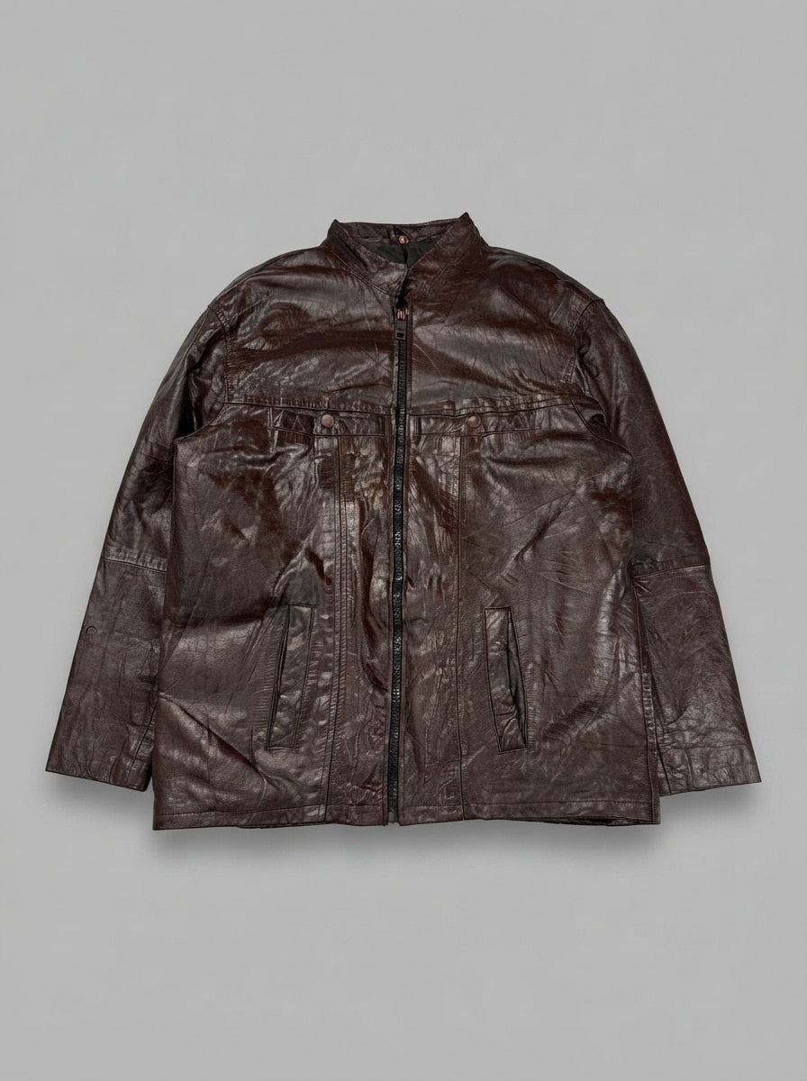 Burgundy leather vintage jacket, size L, shown flat from the front. Panelled front.
