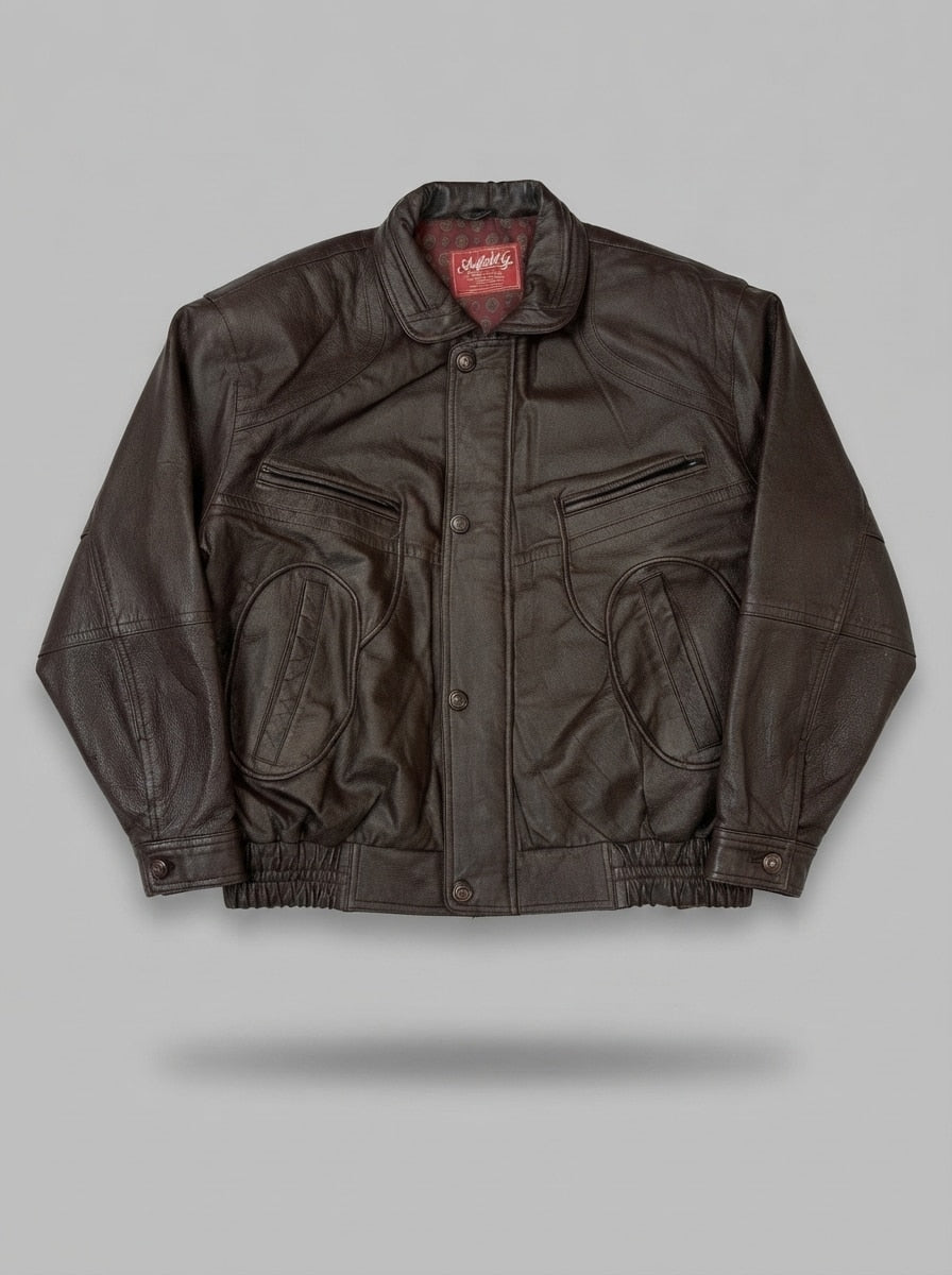 Burgundy leather vintage jacket, size XXL, shown flat from the front. Patterned lining.