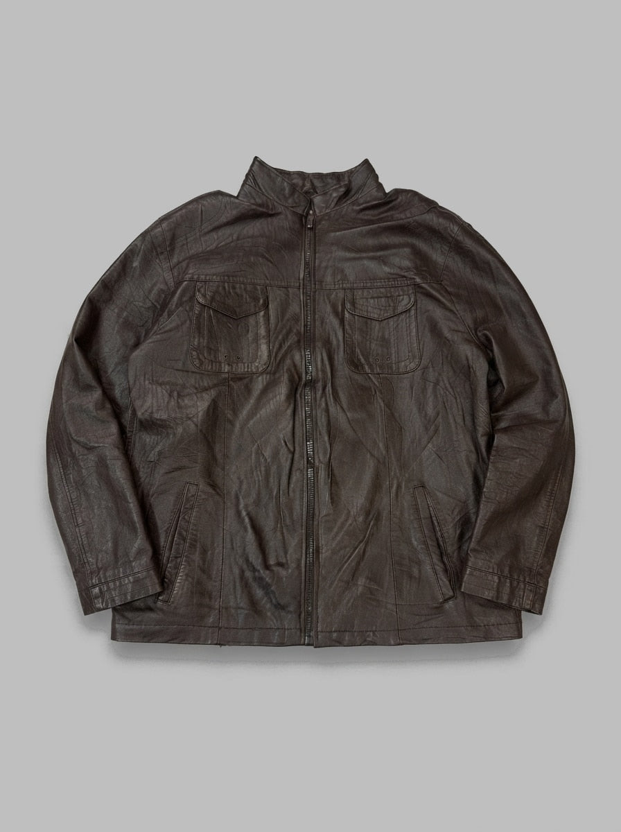 Burgundy leather vintage jacket, size XL, shown flat from the front. Plain front.