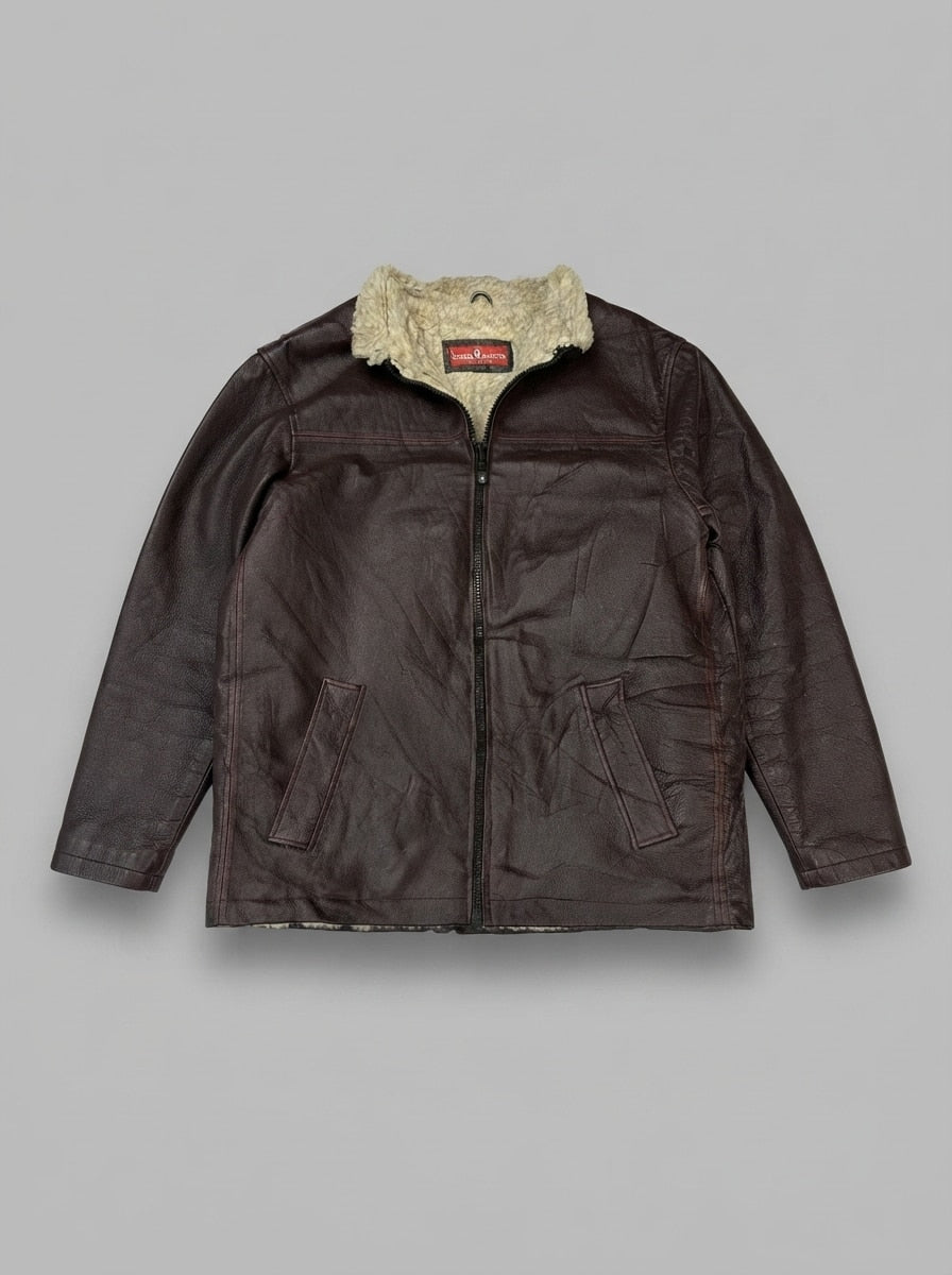 Burgundy leather vintage jacket, size L, shown flat from the front. Shearling collar.