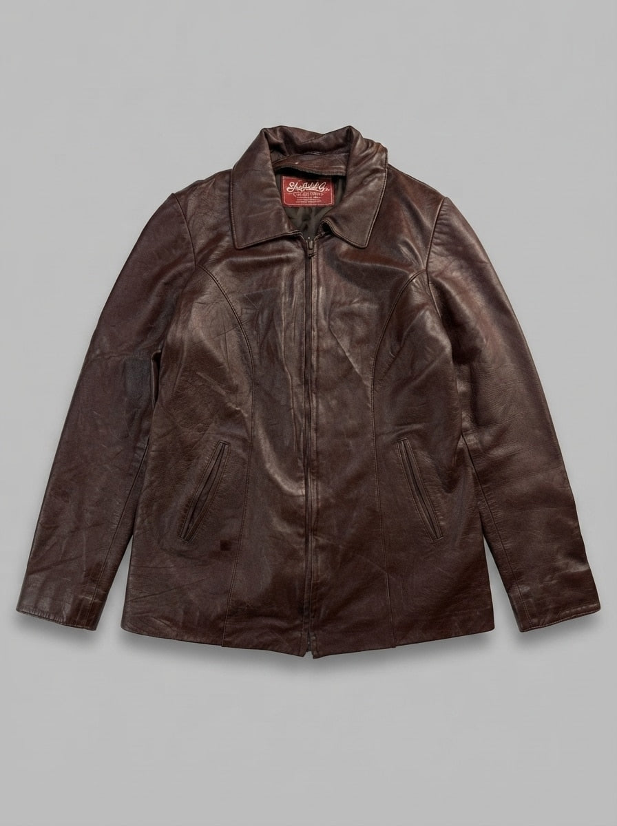Burgundy leather vintage jacket, size S, shown flat from the front. Slant welt pocket.