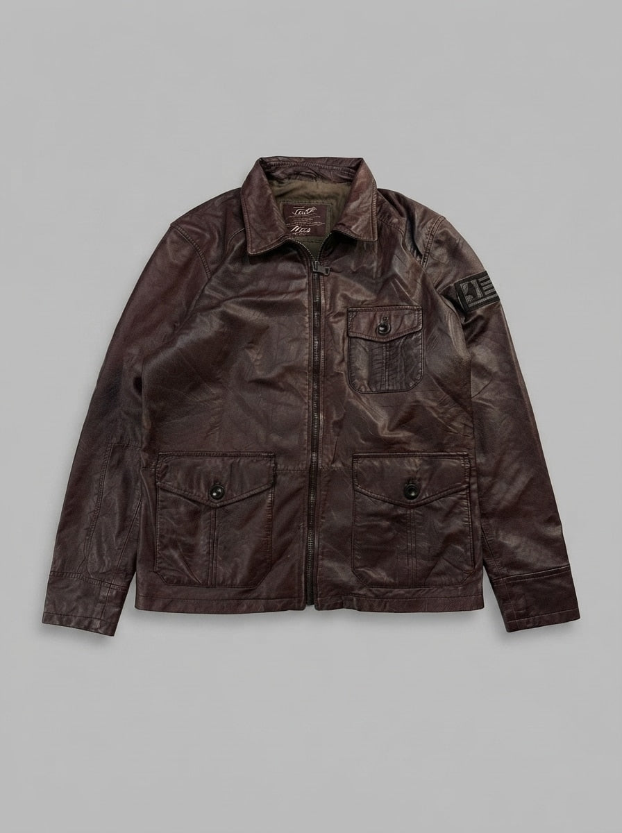 Burgundy leather vintage jacket, size XL, shown flat from the front. Sleeve flag patch.