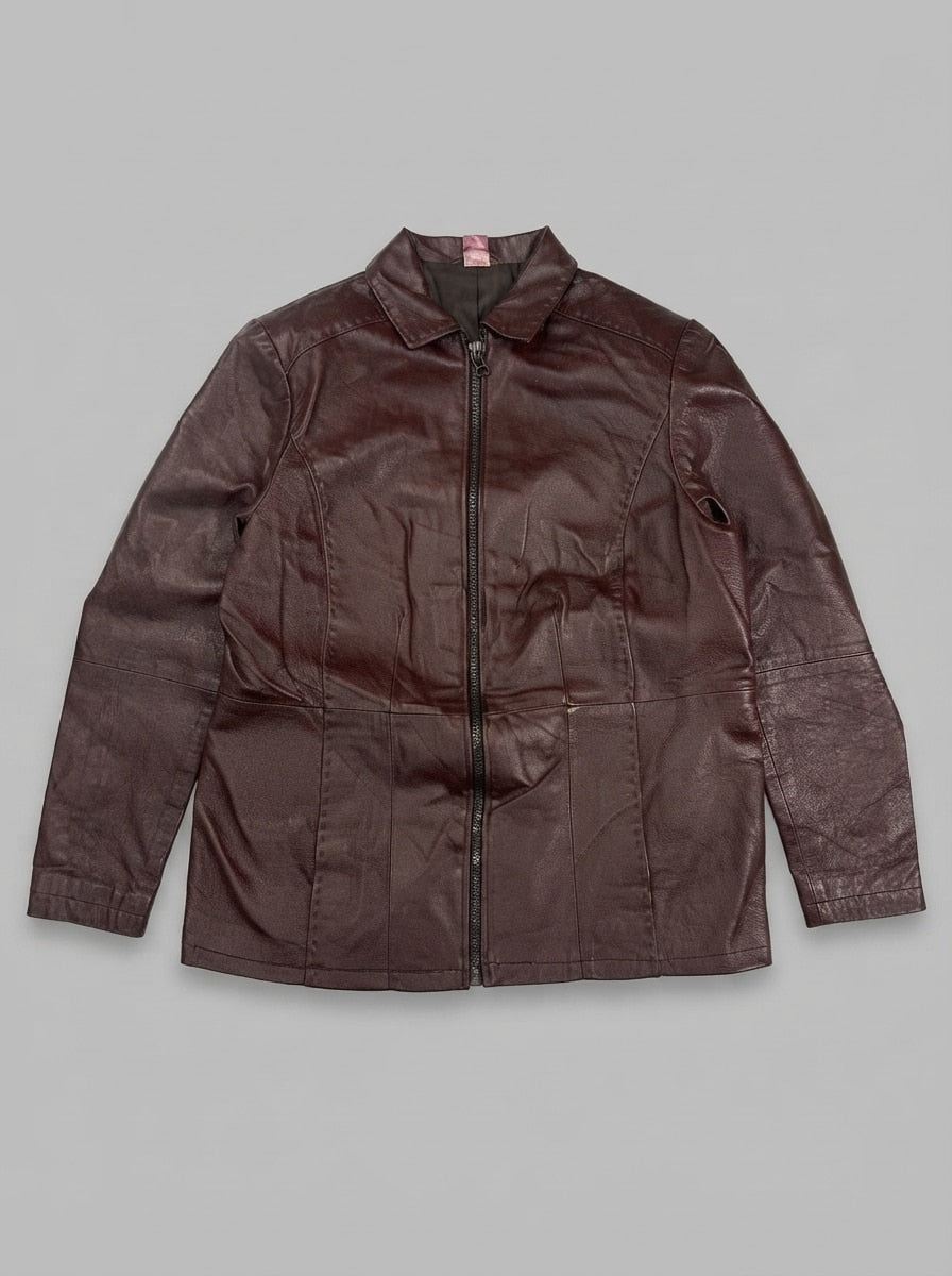 Burgundy leather vintage jacket, size L, shown flat from the front. Soft shoulder.