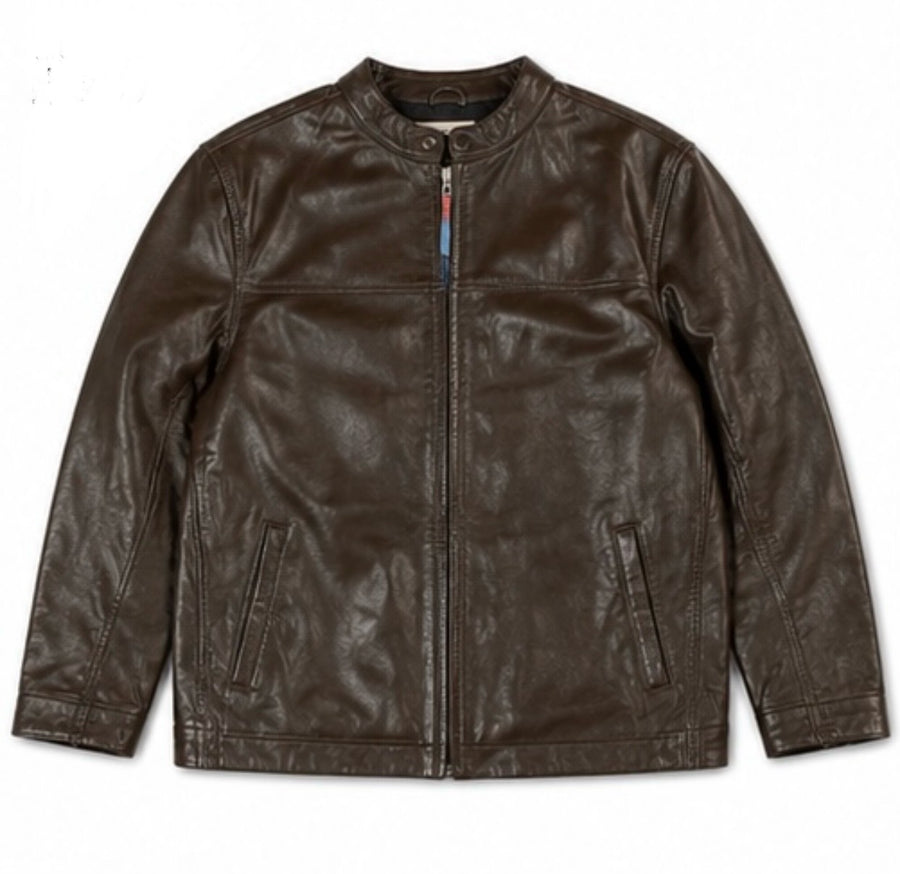 Brown leather cafe racer jacket in size L shown from the front with its neat band collar