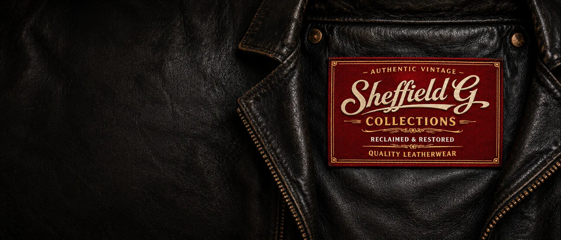 A Sheffield G Collections label stitched onto the lining of a black vintage leather jacket